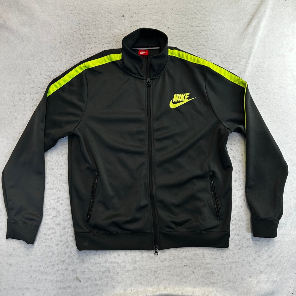 Nike Track Jacket Mens XL Black Neon Green Stripe Full Zip Logo